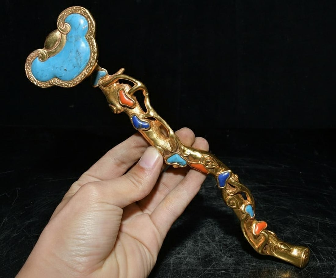 Oriental Bronze Scepter Gilt Longevity Bat Ruyi (1 of 11)