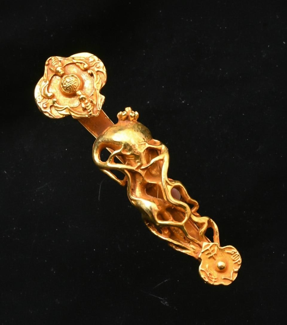 Chinese Bronze Ruyi Scepter Gilt Bat Motif Statue (1 of 5)