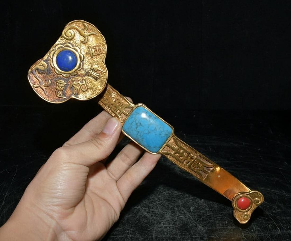 Retro Asian Bronze Scepter Turquoise Fengshui (1 of 11)