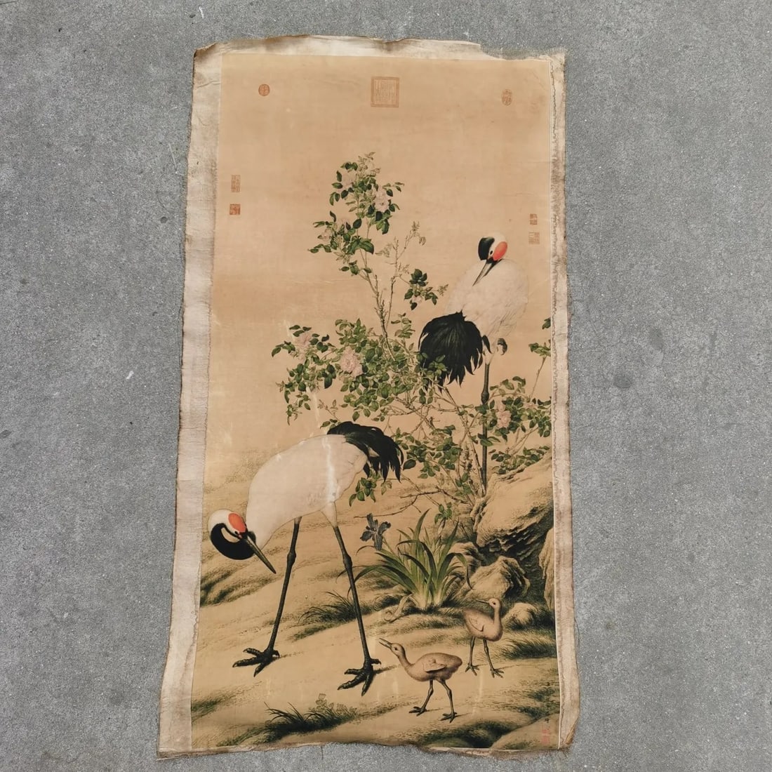 Landscape Scroll Zhang Daqian Heron Chicks Art: Size: Length 95 cm - Width 50 cm. Materials: Rice paper. Condition: Looks like vintage. This scroll painting is an antique-inspired reproduction of Zhang Daqian's work, executed on rice paper. The art