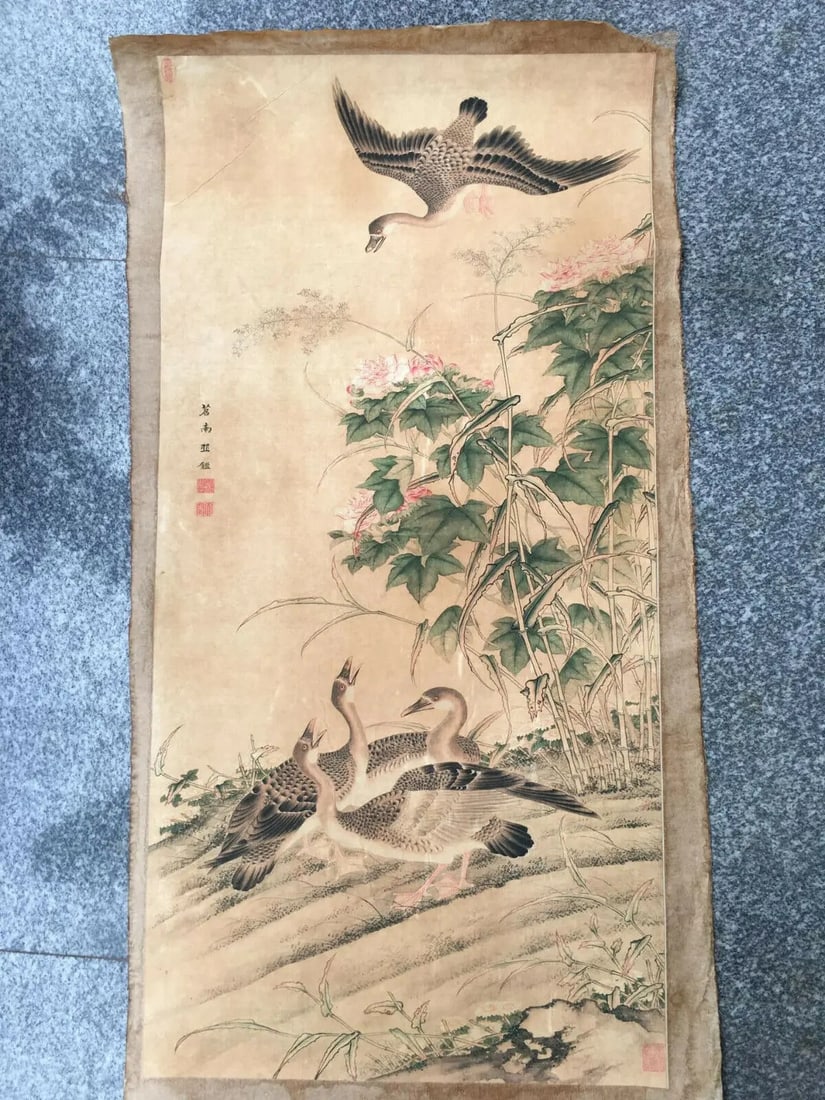 Qiu Jian Scroll Painting Lotus Reeds Wild Goose: Size: Length 90 cm - Width 50 cm. Materials: Rice paper. Condition: Resembles a retro aesthetic. This retro replica of a scroll painting is a traditional work, stylized after the works of Qiu Jian. Pa