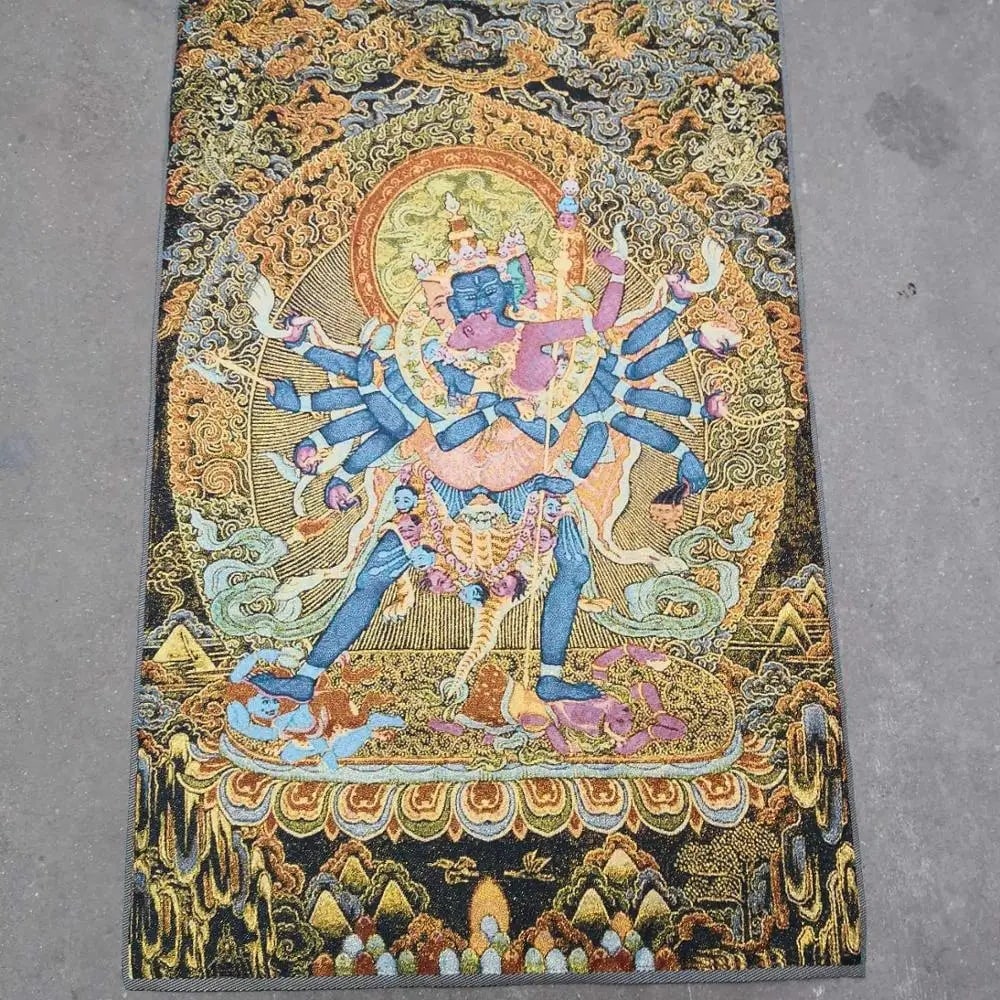 Vintage Handmade Thangka Kalachakra Dus Khor Art: Size: Height 90 cm - Length 60 cm. Weight 0.15 kg. Materials: Embroidery, silk, brocade, textiles. Condition: Resembles a retro aesthetic. This retro-style Tibetan thangka is a beautiful work of Buddh