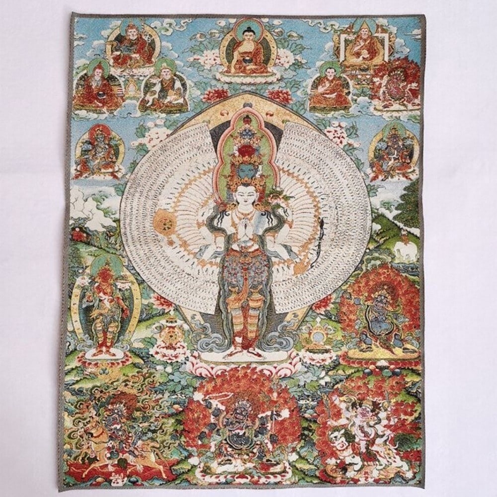 Vintage Thousand Armed Avalokiteshvara Silk Scroll: Size: Length 90 cm - Width 60 cm. Weight 170 g. Materials: Silk. Condition: Appears to have a classic aesthetic. This retro-inspired silk painting is a Buddhist thangka crafted from silk using weaving