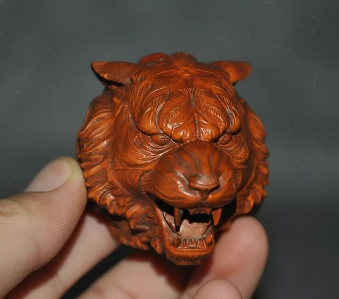 Retro-Style Chinese Wood Lucky Tiger Head Carving (1 of 6)