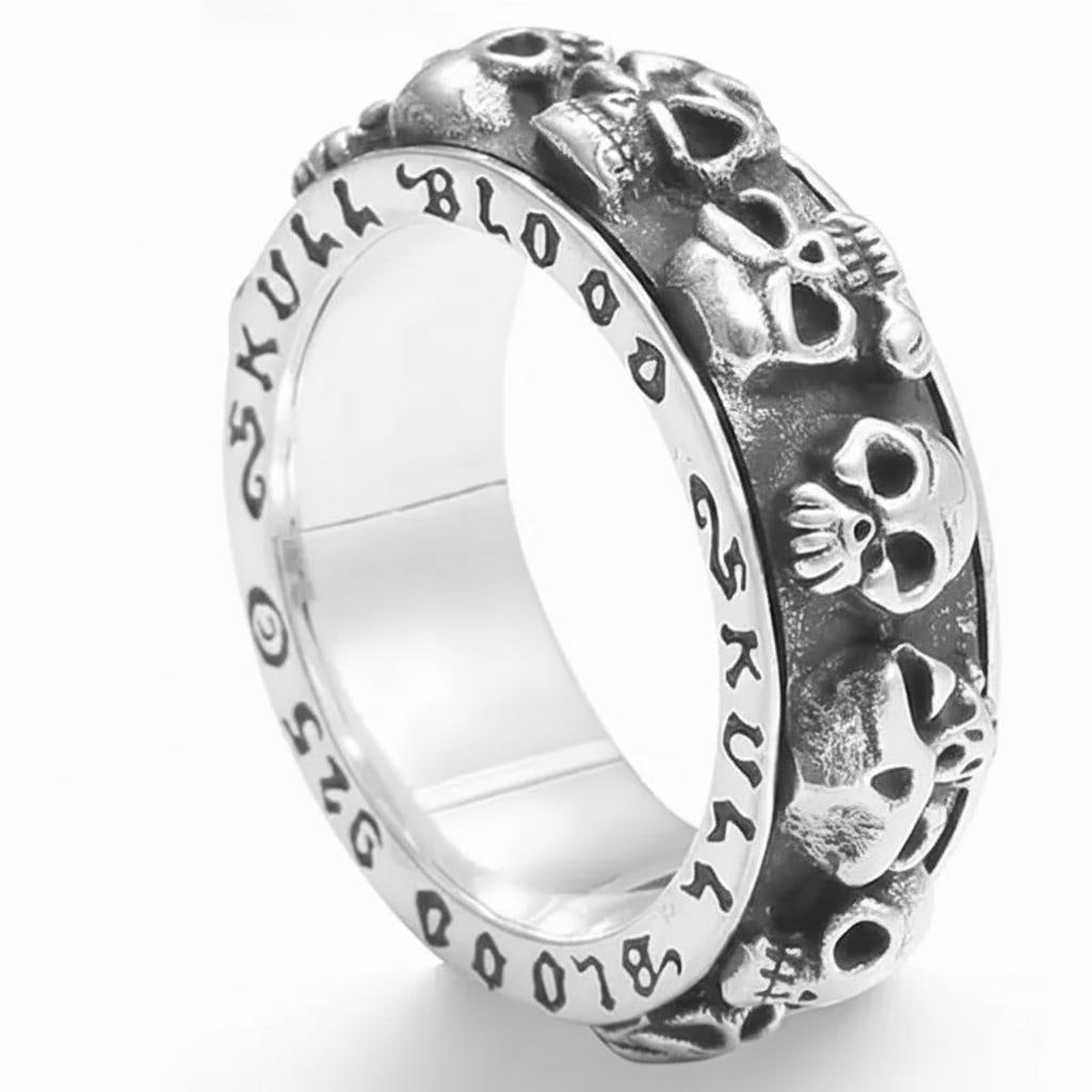 Vintage Thai Silver Rotatable Blood Skull Ring: Size: Ring size 10. Width 8 mm - Thickness 4 mm. Weight 14 g. Materials: S925 silver. Condition: New. This vintage-inspired ring is crafted from solid 925 sterling silver and features a rotating