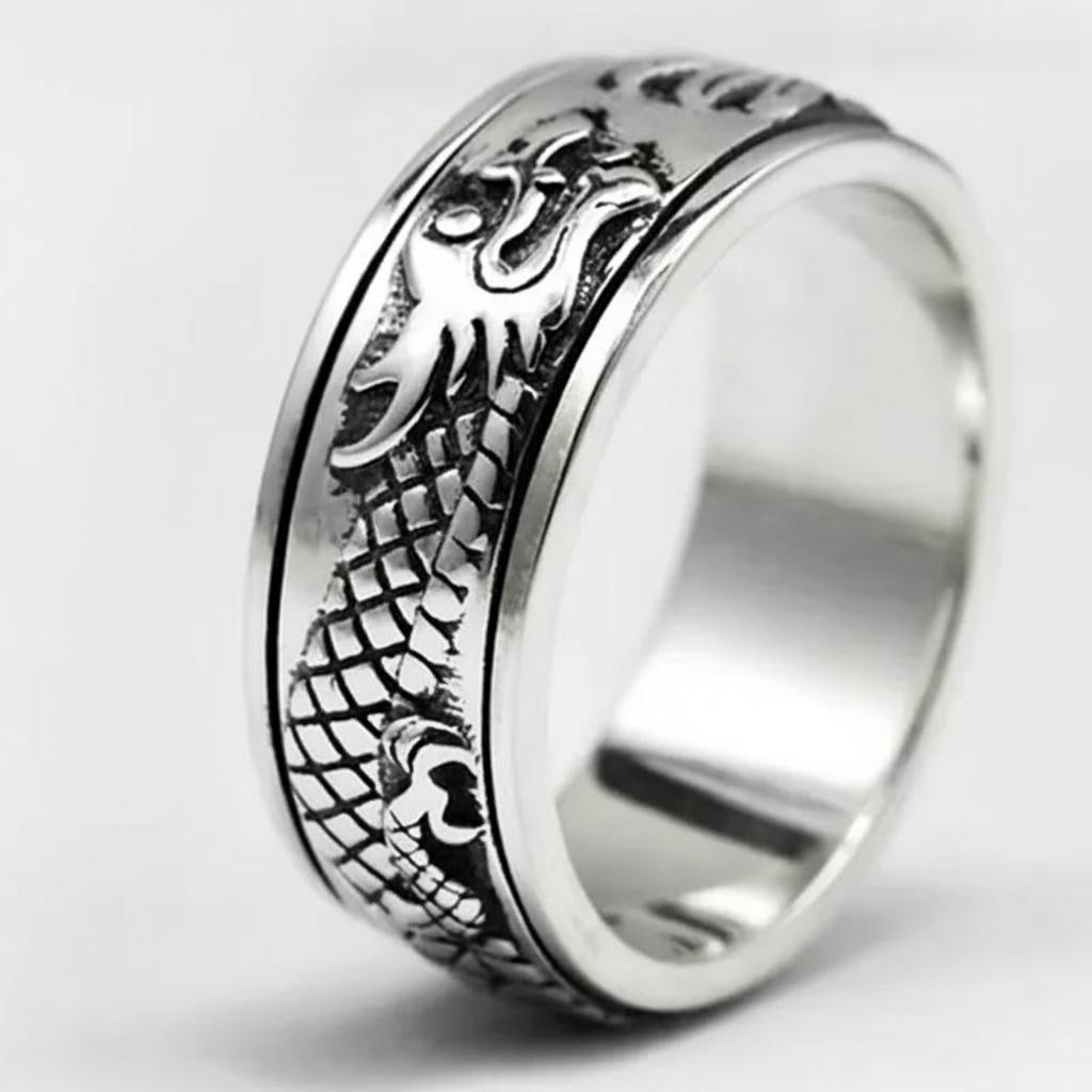 Vintage Asian Silver Ring Rotatable Dragon Band: Size: Ring size 9. Width 7 mm. Weight 7 g. Materials: S925 silver. Condition: New. This vintage style ring is crafted from 925 sterling silver and features a rotatable central band. It displays a