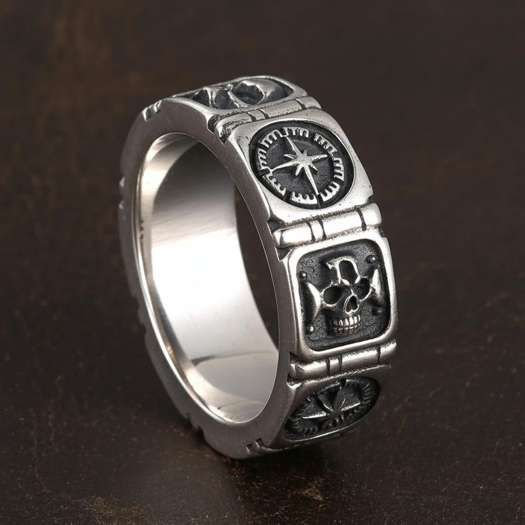 Skull Hexagonal Star Relief Silver Ring Vintage - 2