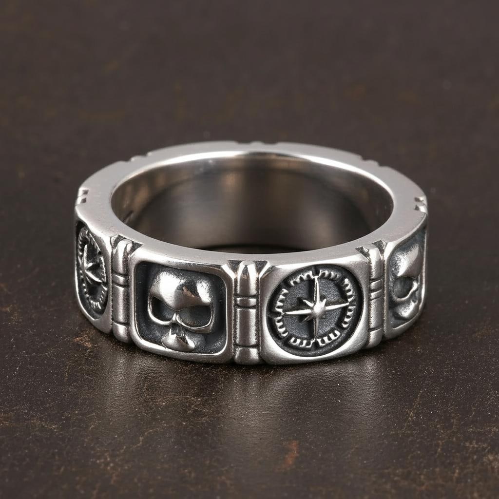 Skull Hexagonal Star Relief Silver Ring Vintage - 3