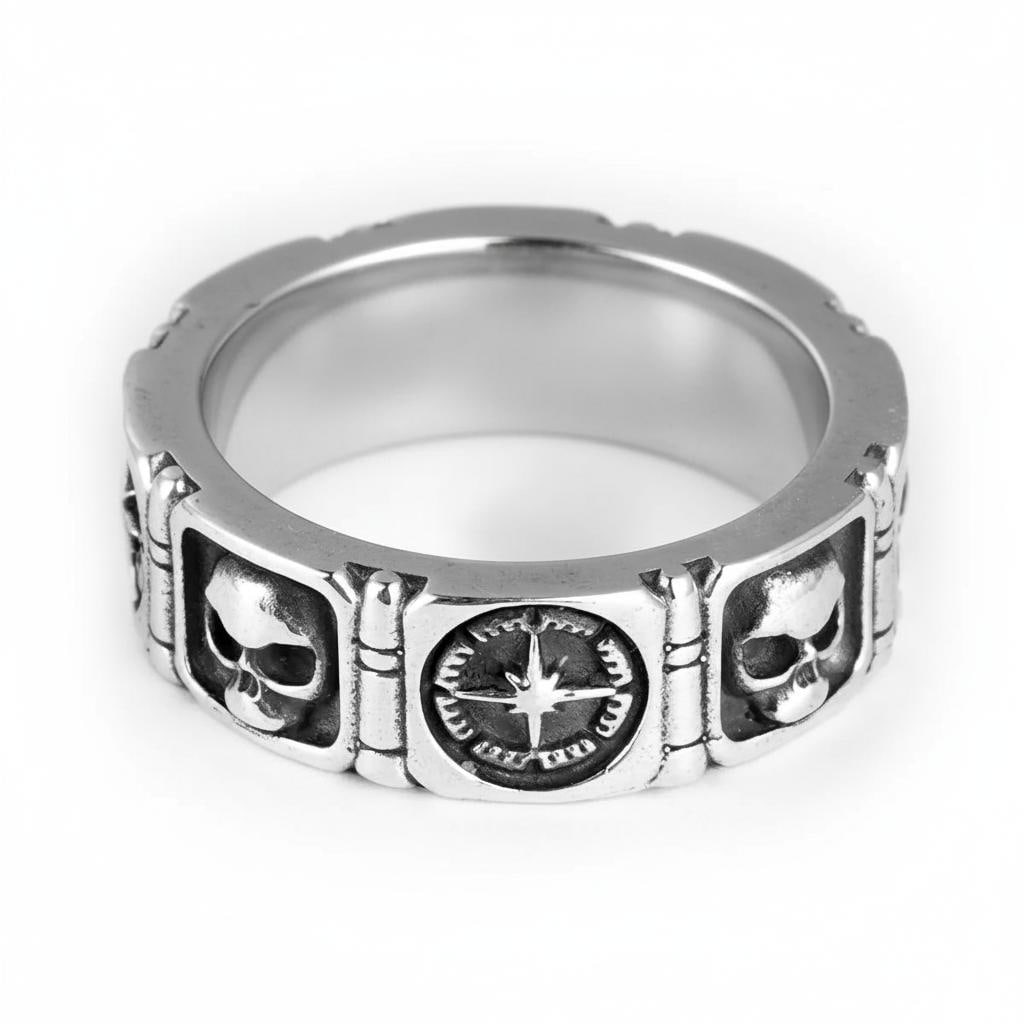 Skull Hexagonal Star Relief Silver Ring Vintage - 6