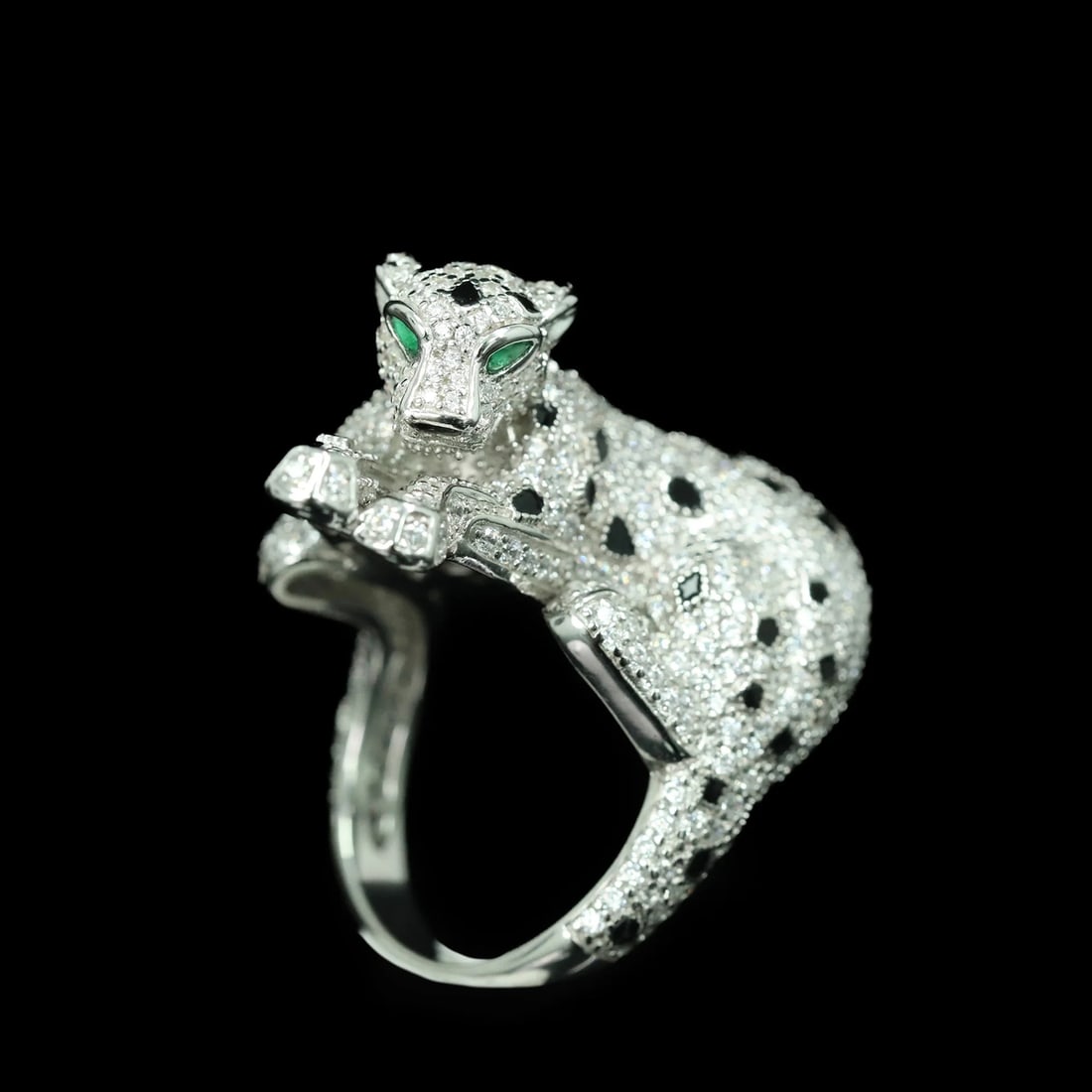 Vintage Pave Panther Ring Green Eyes Zirconia: Size: Ring size 7. Materials: 925 sterling silver, 18k gold plating, cubic zirconia, enamel. Condition: New. This ring is crafted from 925 sterling silver with 18K gold plating and showcases a