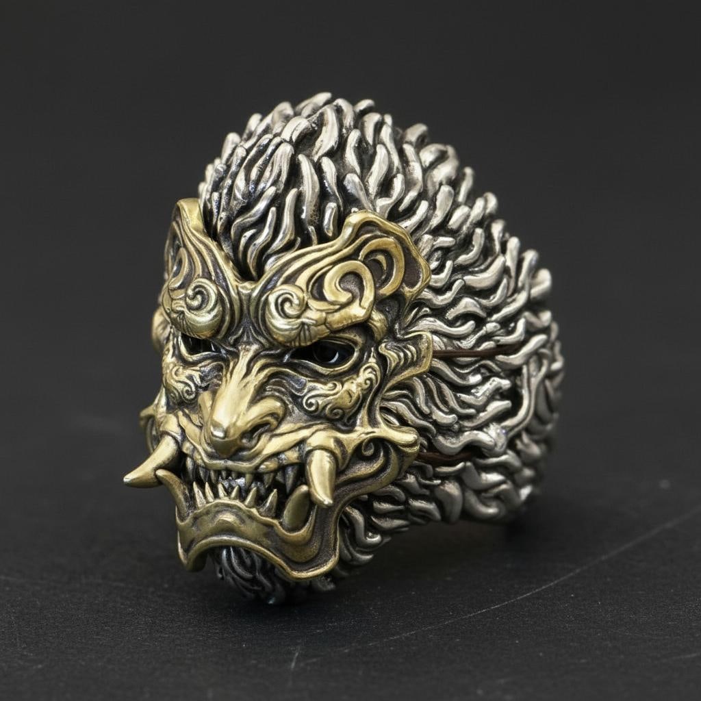 Handmade Silver Wukong Ring Brass Movable Mask: Size: Ring size 11 (64.6 mm). Weight 39 g. Materials: 925 sterling silver, brass. Condition: New. This vintage style ring is crafted from 925 sterling silver and features a detailed depiction of the
