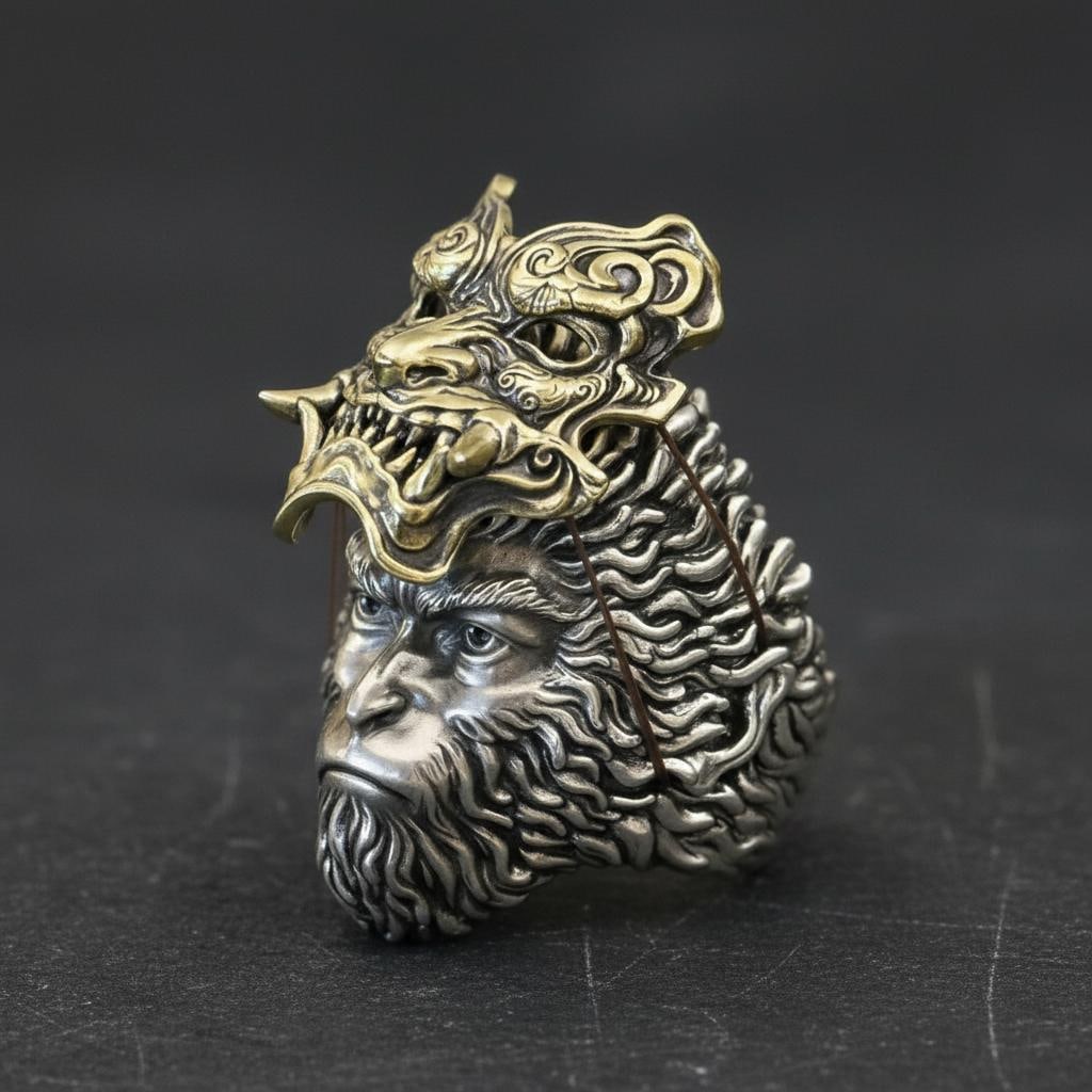 Handmade Silver Wukong Ring Brass Movable Mask - 2