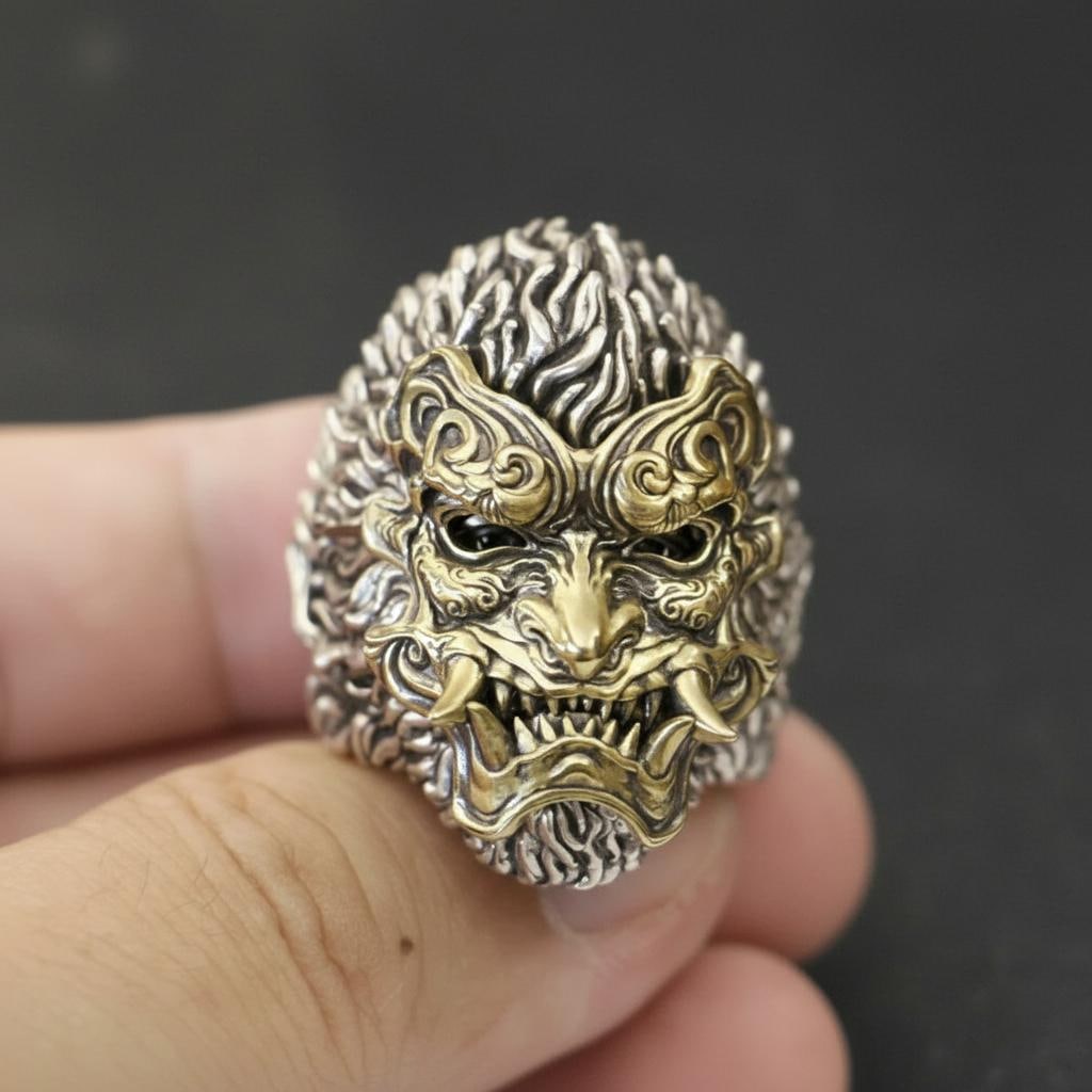 Handmade Silver Wukong Ring Brass Movable Mask - 3