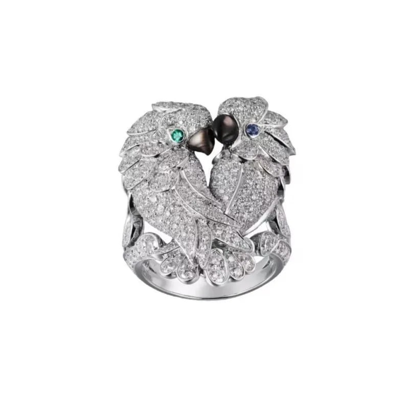 Love Birds Pave Ring 925 Silver Kissing Parrots: Size: Ring size 7. Diameter 17.3 mm - Circumference 54.4 mm. Weight 10 g. Materials: 925 sterling silver, zircon, enamel. Condition: New. This ring is crafted from 925 sterling silver and depicts
