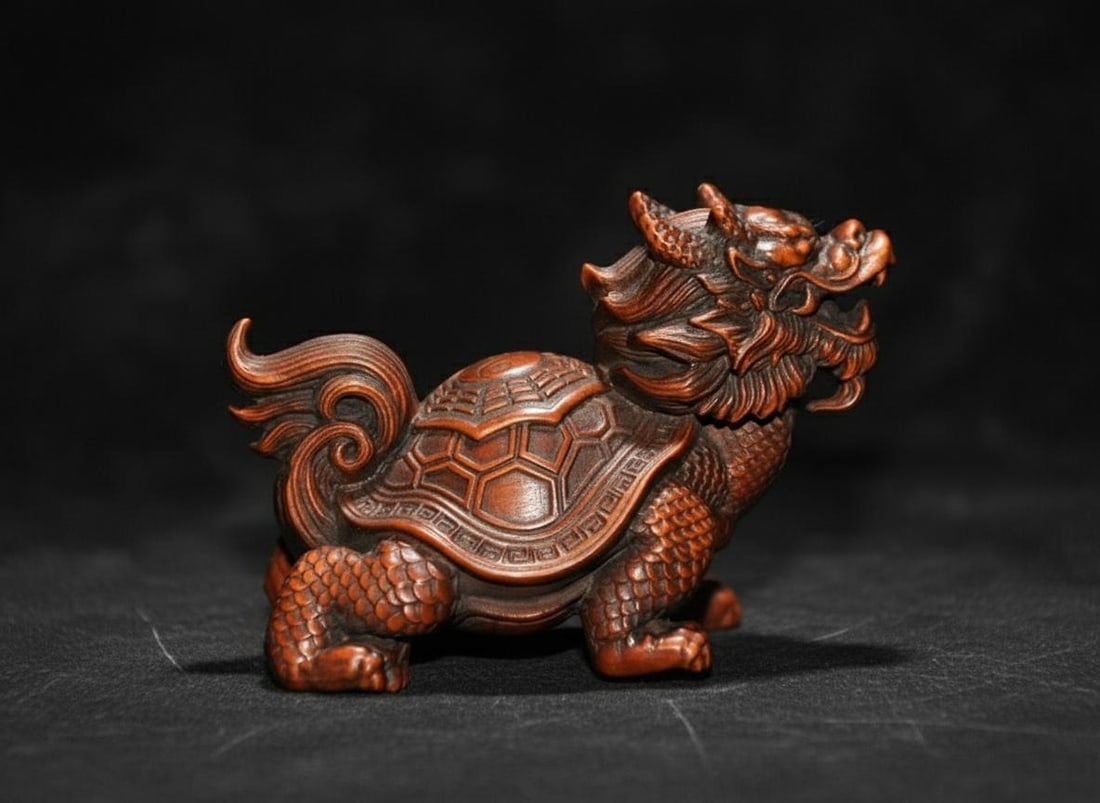 Turtle Dragon Head Asian Traditional Beast Netsuke: Size: Height 9.9 cm - Length 6.9 cm - Width 1.8 cm. Weight 0.3 kg. Materials: Wood. Condition: Appears to have a classic aesthetic. This is a small, hand-carved Chinese netsuke-style figurine made