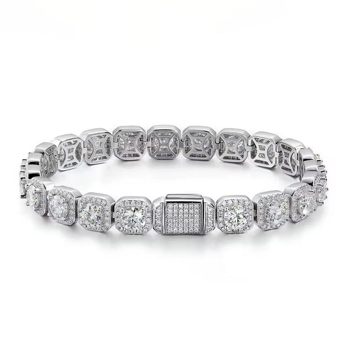 Square Halo Moissanite Link Bracelet 925 Silver: Size: Length 18 cm. Main stone 5 mm. Weight 27 g. Materials: S925 sterling silver, moissanite. Condition: New. This bracelet is crafted from S925 sterling silver and features a series of square halo