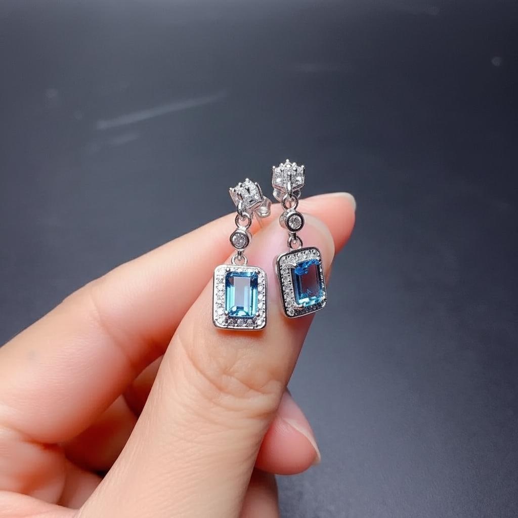 Rectangular London Blue Topaz Drop Earrings Silver - 2