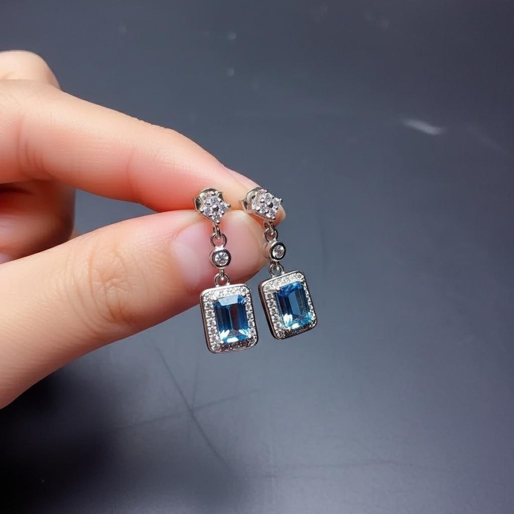 Rectangular London Blue Topaz Drop Earrings Silver - 3