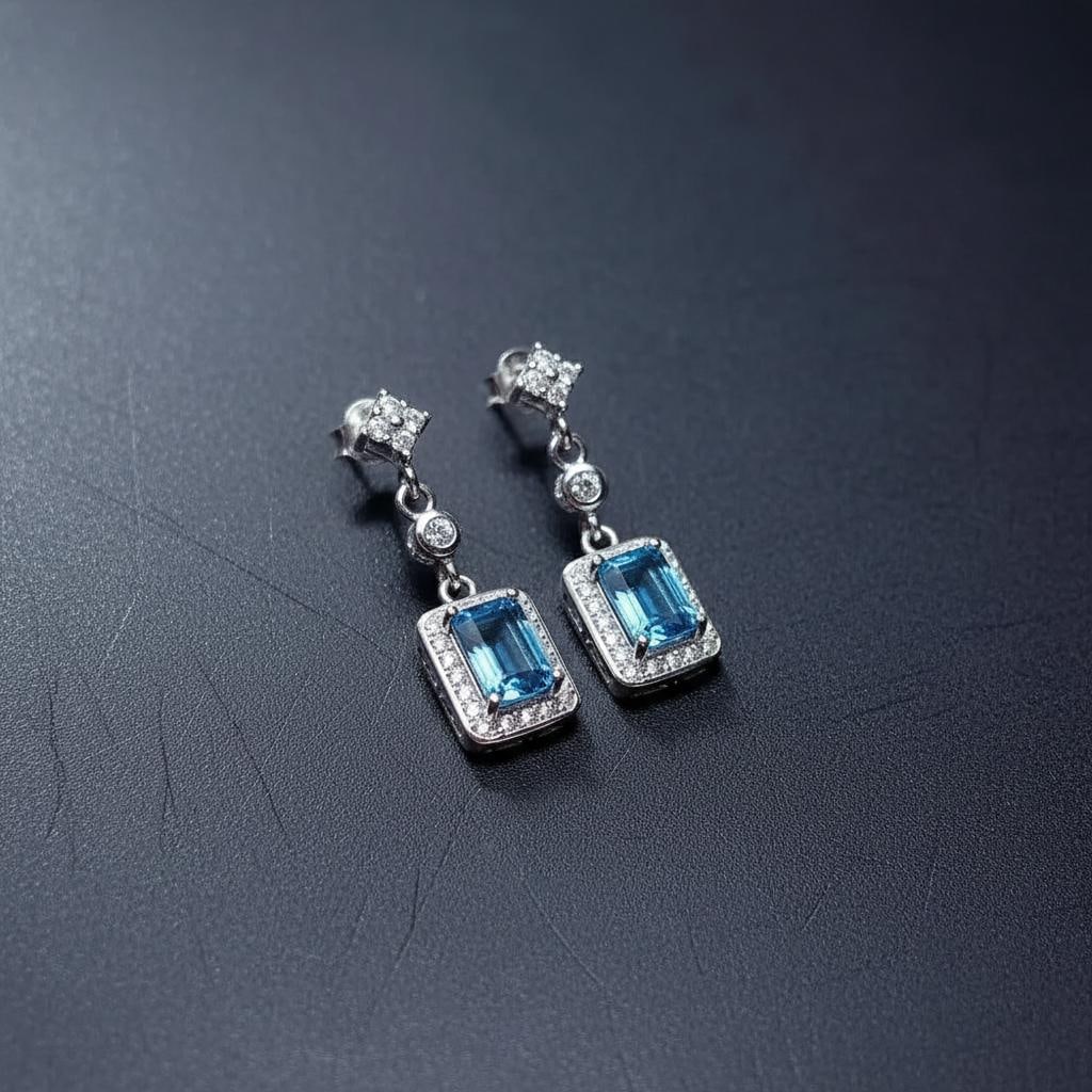 Rectangular London Blue Topaz Drop Earrings Silver - 4