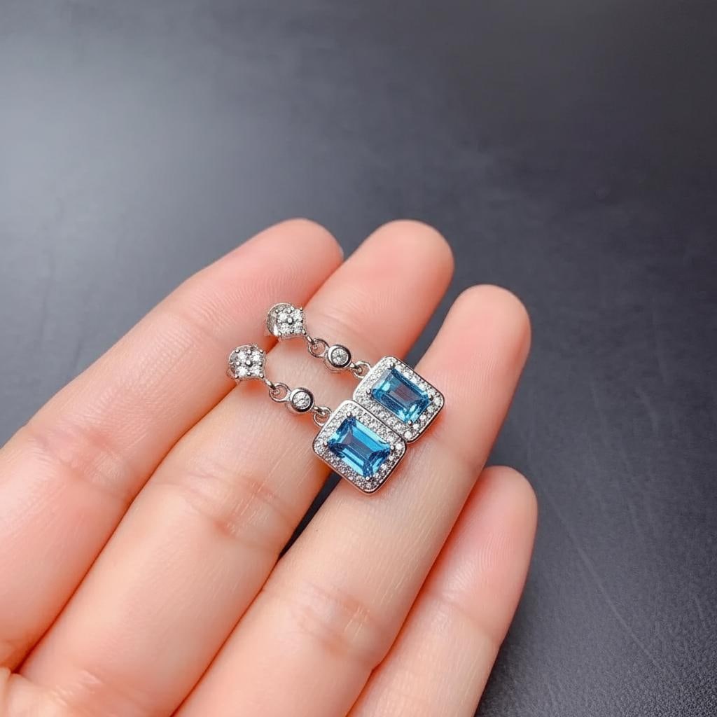 Rectangular London Blue Topaz Drop Earrings Silver - 5