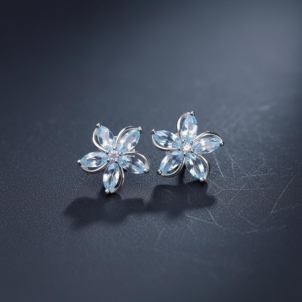 Aquamarine Flower Stud Earrings 925 Silver Retro: Size: Stone size 5 x 2.5 mm. Weight 2 g. Materials: 925 sterling silver, aquamarine. Condition: New. This pair of stud earrings is crafted from 925 sterling silver and features a floral design. The