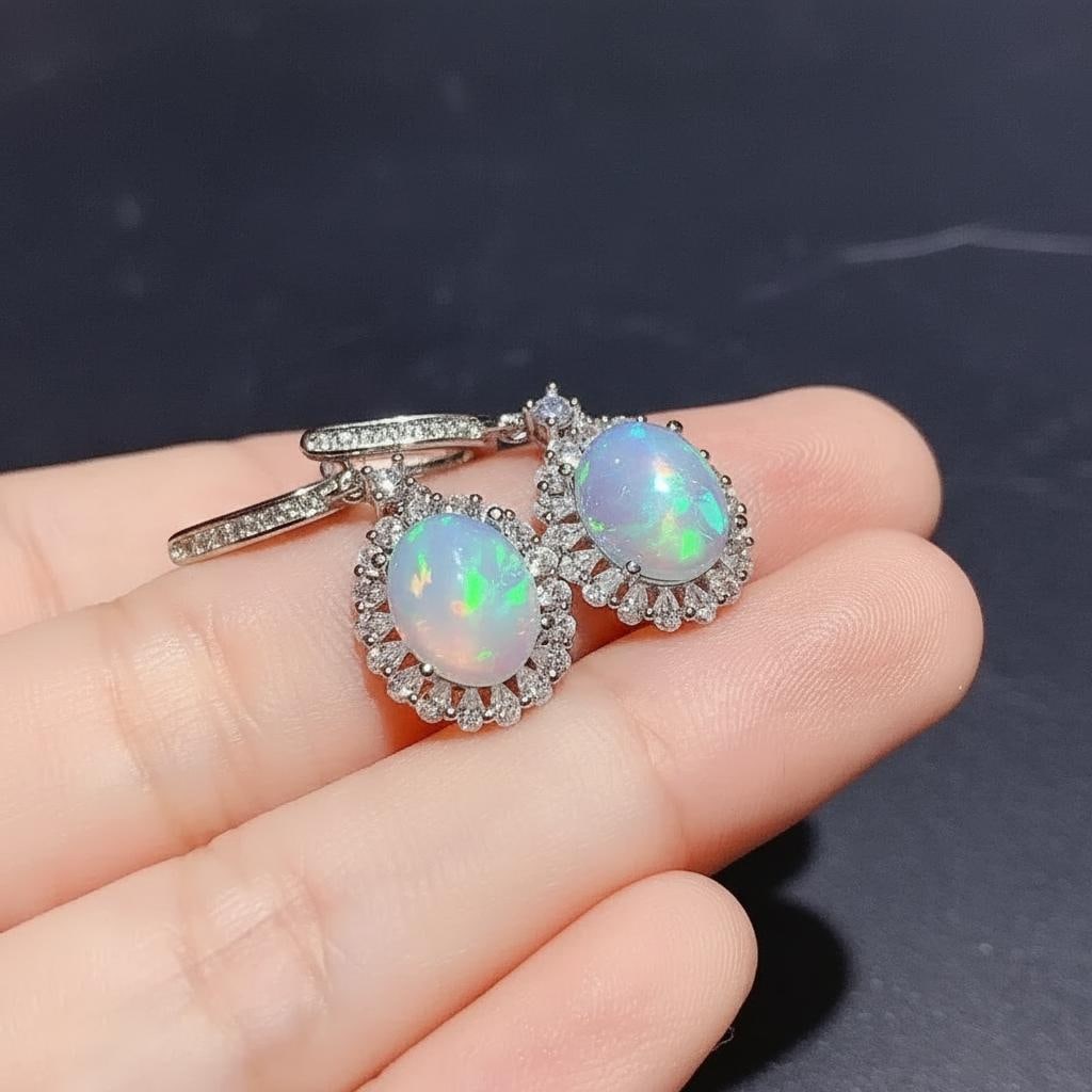 Natural Opal Drop Earrings Silver 925 Oval Cut: Size: Stone size 10 x 8 mm. Weight 5 g. Materials: 925 sterling silver, platinum plating, opal, zircon. Condition: New. This pair of dangle earrings is crafted from 925 sterling silver with platinum