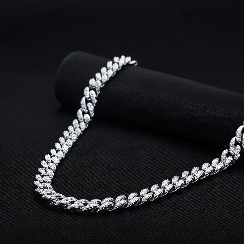 Iced Out Moissanite Cuban Necklace 925 Sterling: Size: Length 60 cm - Width 6 mm. Weight 46 g. Materials: 925 sterling silver, moissanite. Condition: New. This necklace features a classic Cuban link design crafted from 925 sterling silver. It is