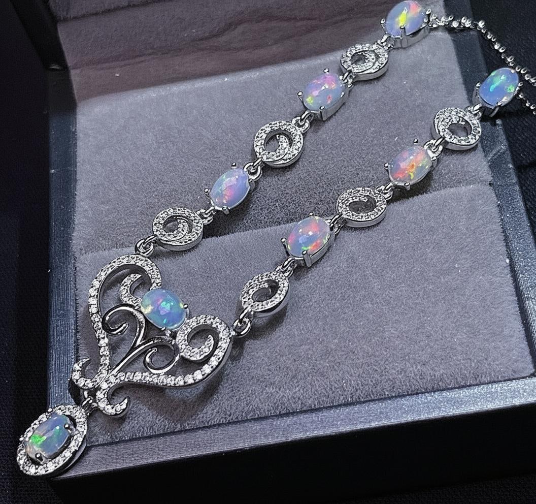 Silver S925 Necklace Natural Opal Pendant Luxury (1 of 5)