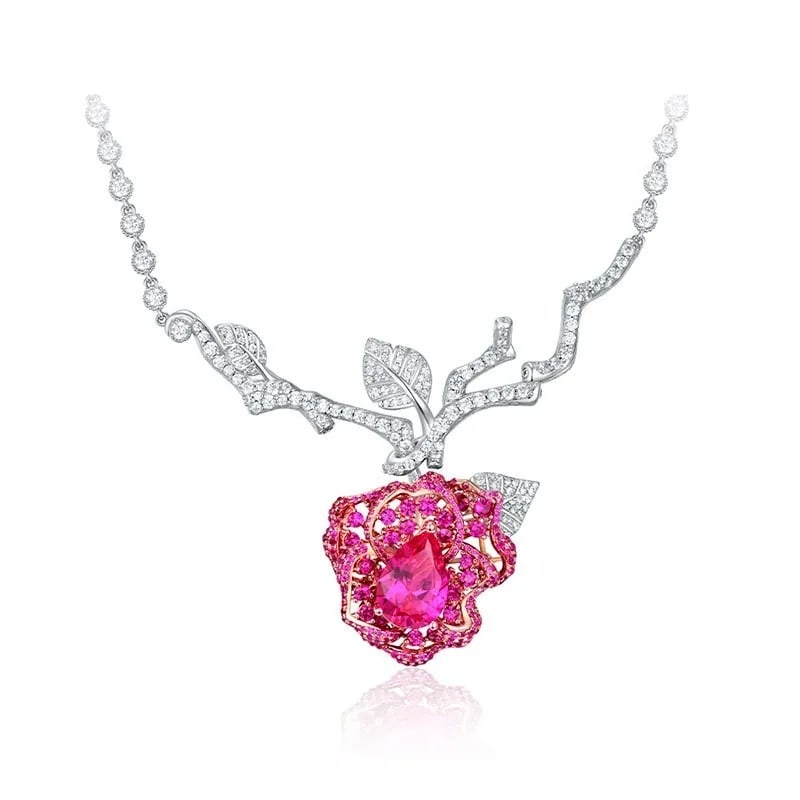Silver Rose Necklace Pink Zircon Flower Pendant (1 of 5)