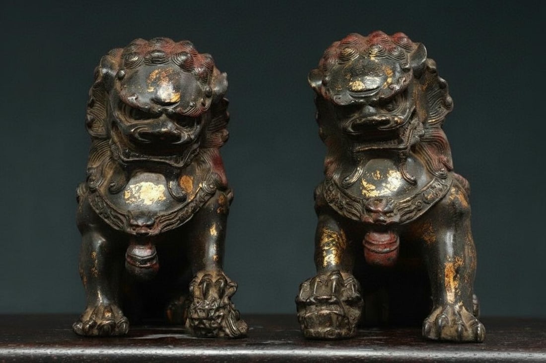 Pair Bronze Foo Dog Guardian Lion Statues Retro: Size: Height 15 cm - Length 16 cm - Width 9 cm. Weight 4.6 kg. Materials: Bronze. Condition: Looks like vintage. This pair of vintage style statues depicts traditional Chinese guardian lions, known as