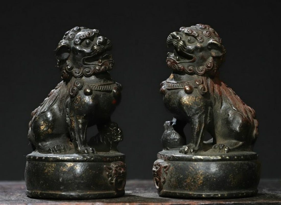 Pair Gilt Copper Feng Shui Foo Dog Statues: Size: Height 11 cm - Length 7 cm - Width 6 cm. Weight 1.5 kg. Materials: Copper, gilt. Condition: Appears to have a classic aesthetic. This vintage style pair of statues depicts traditional Chinese gu