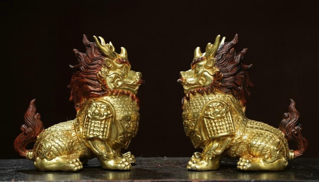 Chinese Bronze Gilt Qilin Unicorn Statue Pair (1 of 10)