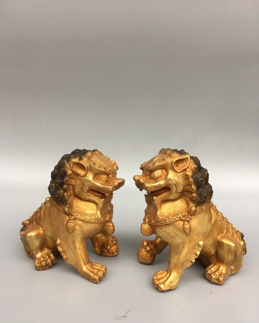 Chinese Bronze Gilt Foo Dog Lion Guardian Pair (1 of 9)