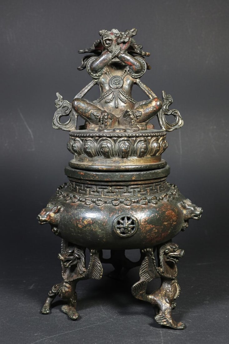 Beast Tripod Tibetan Bronze Censer Lotus Deity (1 of 9)