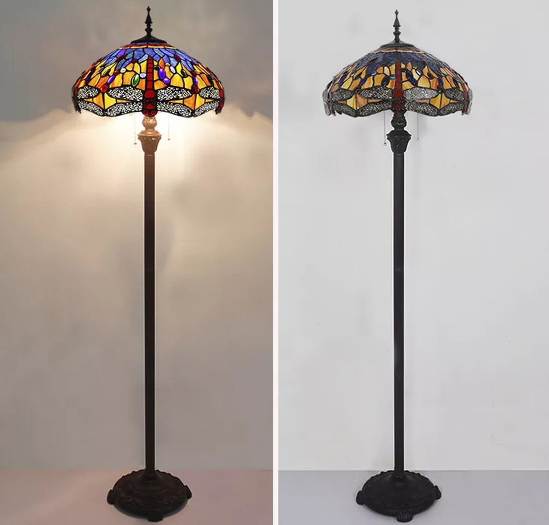 Vintage Tiffany Floor Lamp Dragonfly Stained Glass - 2