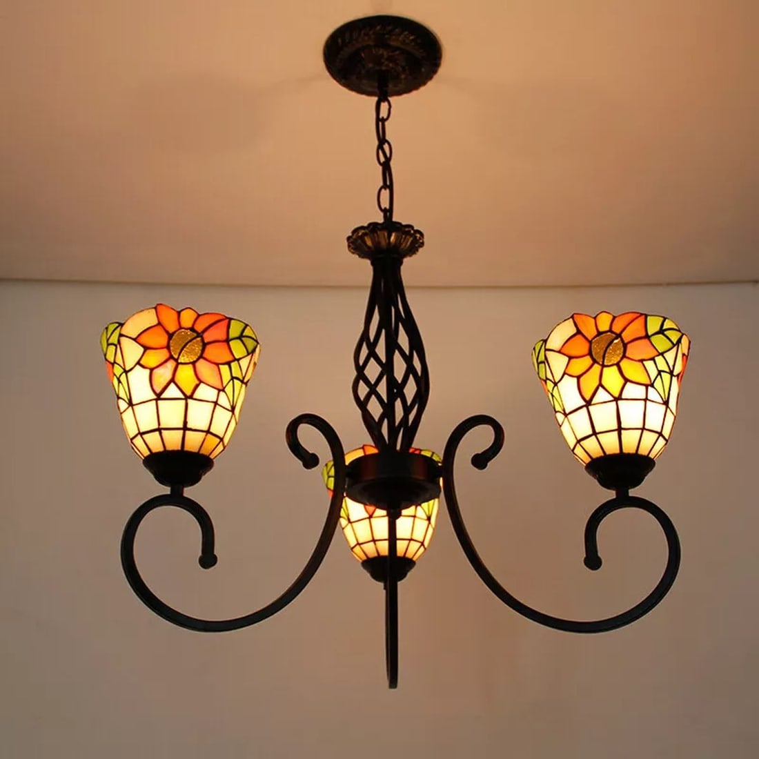 Vintage Tiffany Sunflower 3 Light Glass Chandelier (1 of 2)