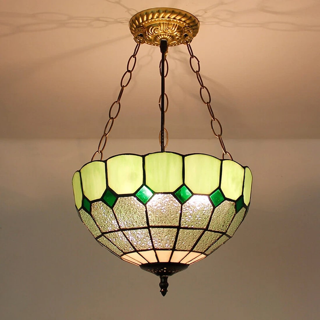 Vintage Geometric Green Check Tiffany Pendant Lamp (1 of 2)