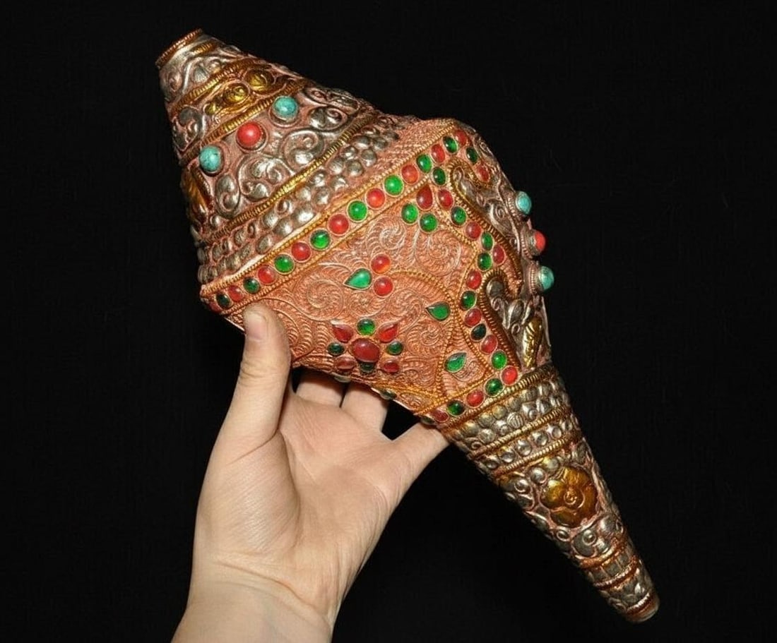 Vintage Tibetan Silver Filigree Conch Shell Horn: Size: Height 28 cm - Length 10.5 cm - Width 8 cm. Weight 1.4 kg. Materials: Tibetan silver, filigree, gilt, gemstones, turquoise, shell. Condition: Looks like vintage. This ritual conch horn features