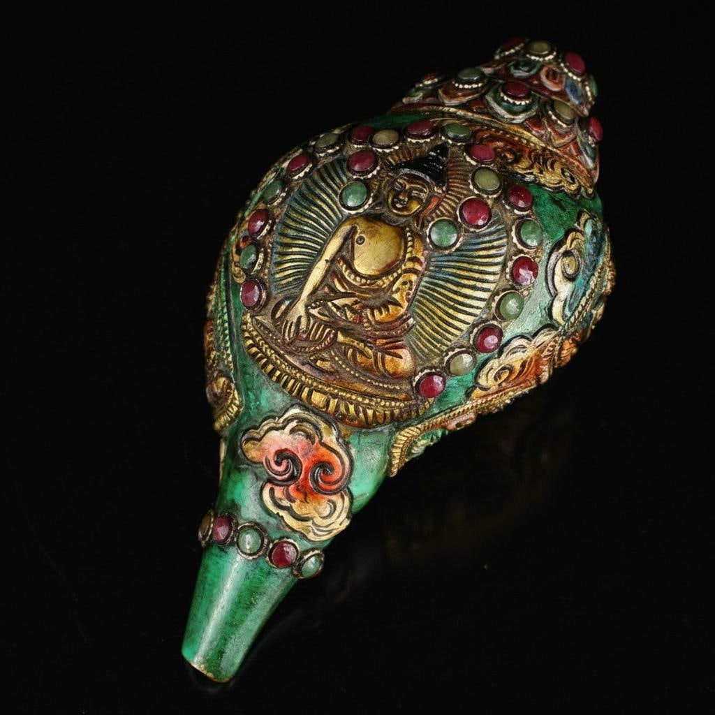Rare Retro Collectible Horn Conch Buddha Gem Inlay: Size: Height 20 cm - Length 11 cm - Width 11 cm. Weight 1.5 kg. Materials: Bronze, painting, inlaid gems. Condition: Resembles a retro aesthetic. Modeled as a ritual Faqi horn, this vintage style piec