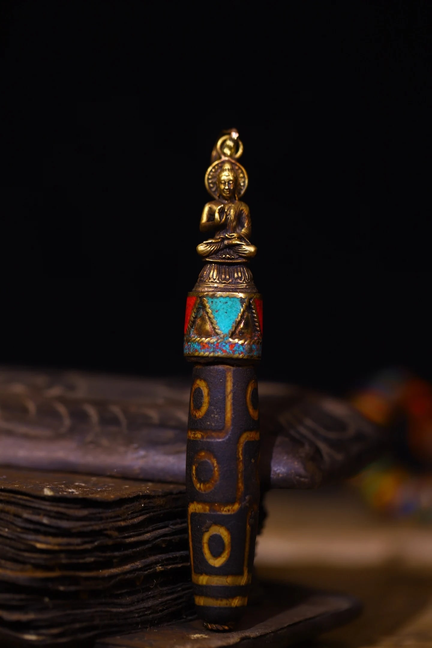 Bronze Buddha Dzi Agate Pendant Retro Style Amulet (1 of 6)