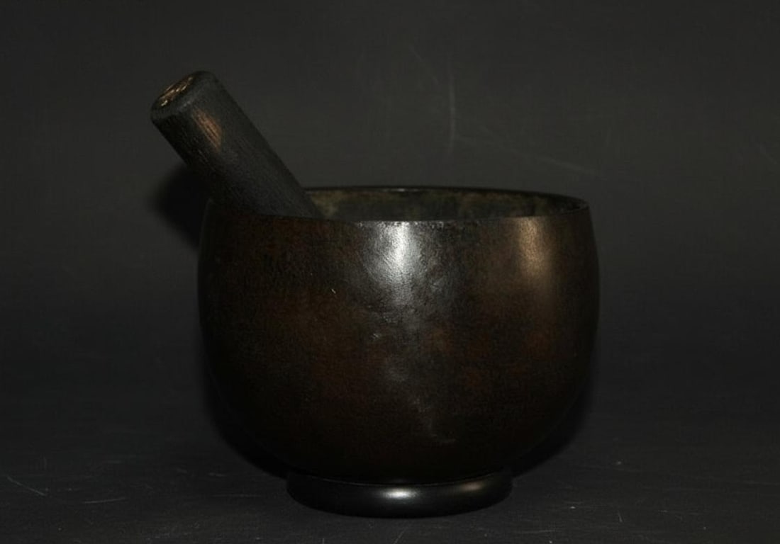 Black Bronze Singing Bowl Wooden Bell Vintage (1 of 3)