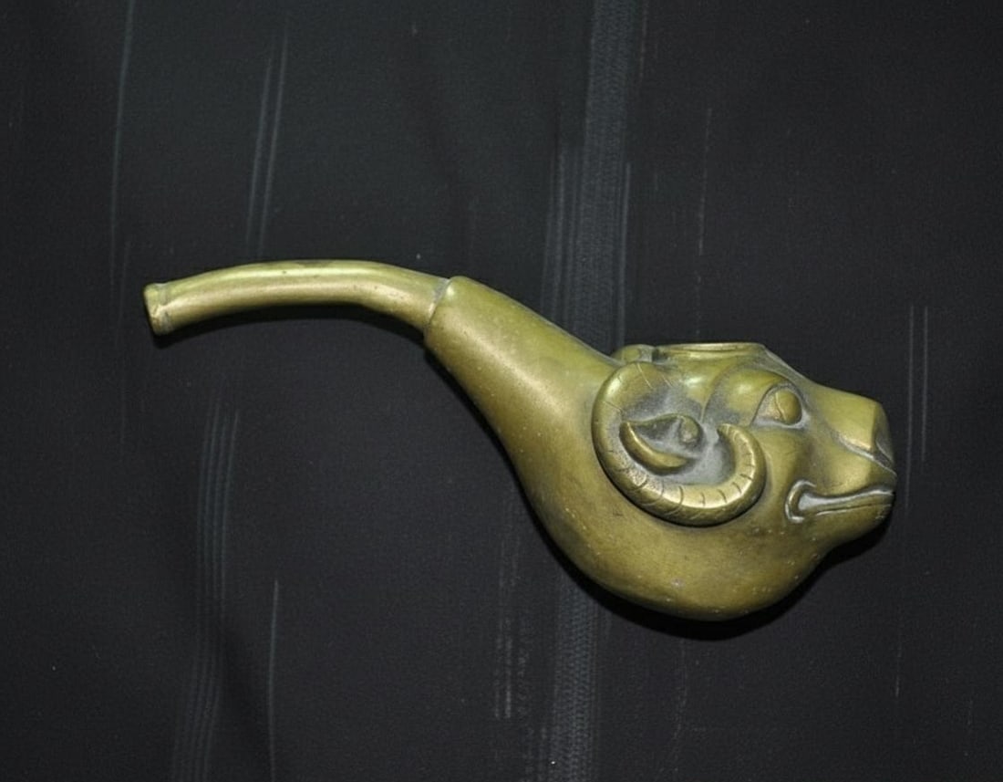 Sculpted Ram Head Bronze Pipe Curved Horn Motif (1 of 9)