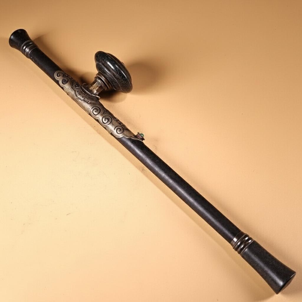 Polished Rosewood Pipe Metal Inlay Green Stone: Size: Length 54 cm. Weight 700 g. Materials: Bronze, rosewood. Condition: Excellent. This long smoking pipe is crafted from dark rosewood, featuring a smooth, polished finish that highlights the