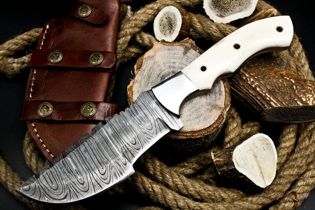 Camel Bone Handle Damascus Blade Tracker Knife - 2