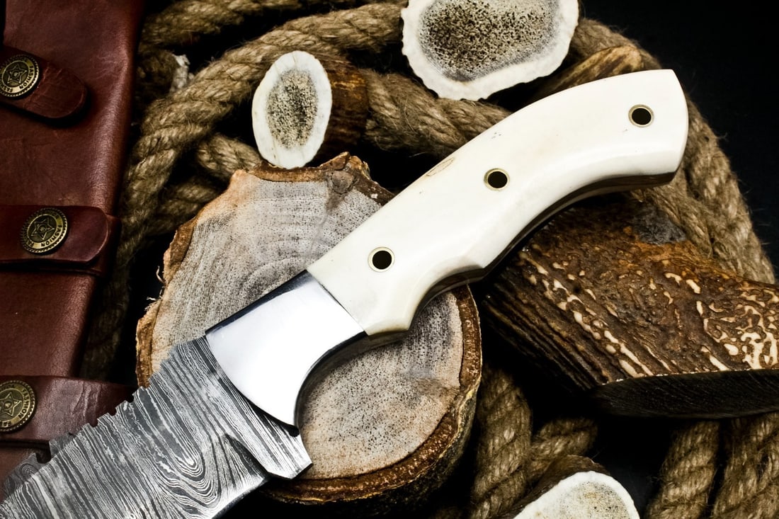 Camel Bone Handle Damascus Blade Tracker Knife - 4