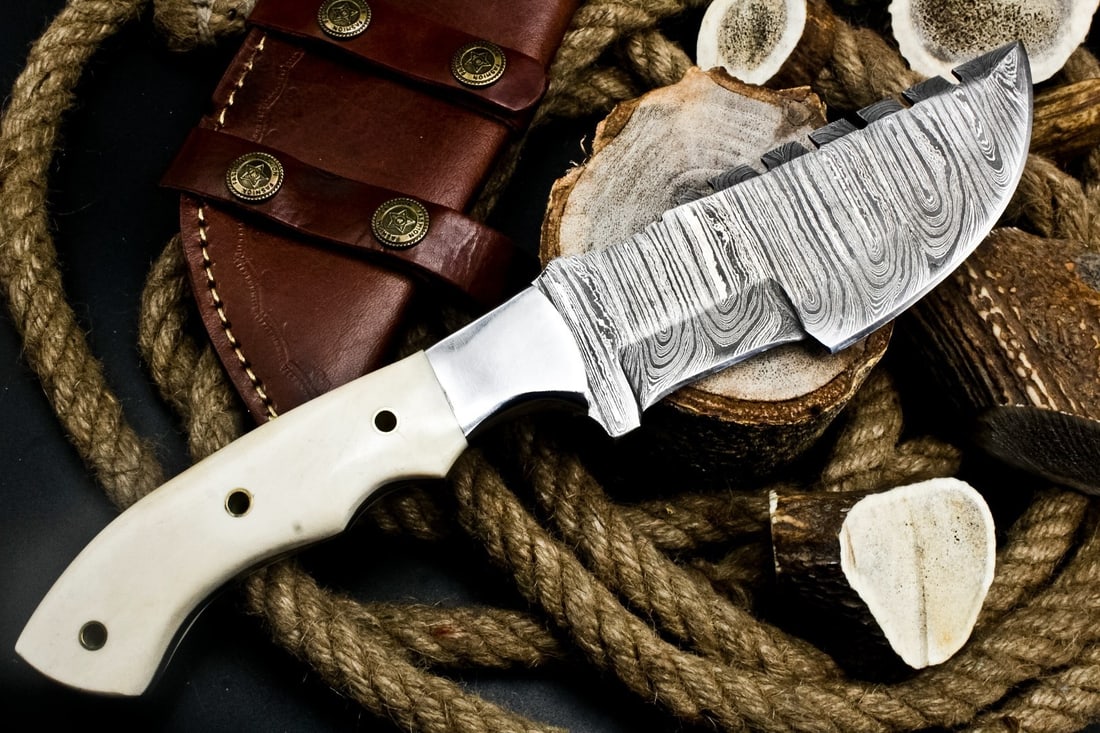 Camel Bone Handle Damascus Blade Tracker Knife - 5
