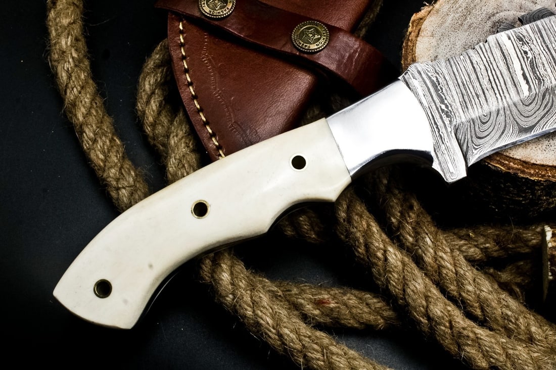 Camel Bone Handle Damascus Blade Tracker Knife - 7