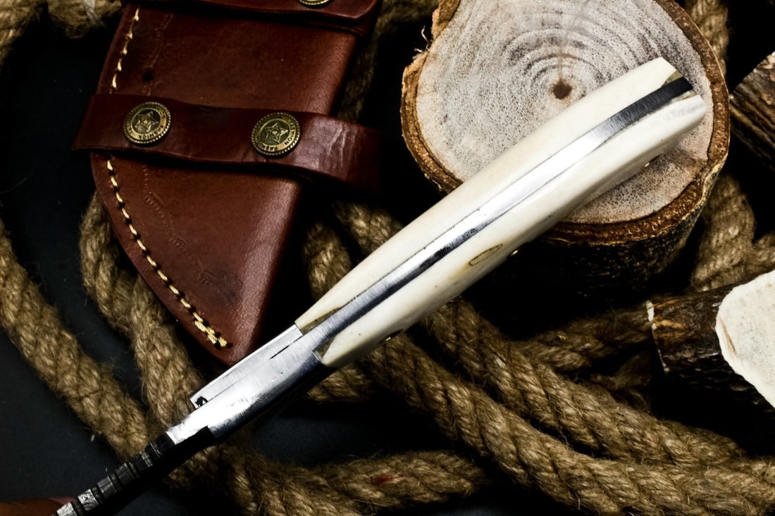 Camel Bone Handle Damascus Blade Tracker Knife - 8