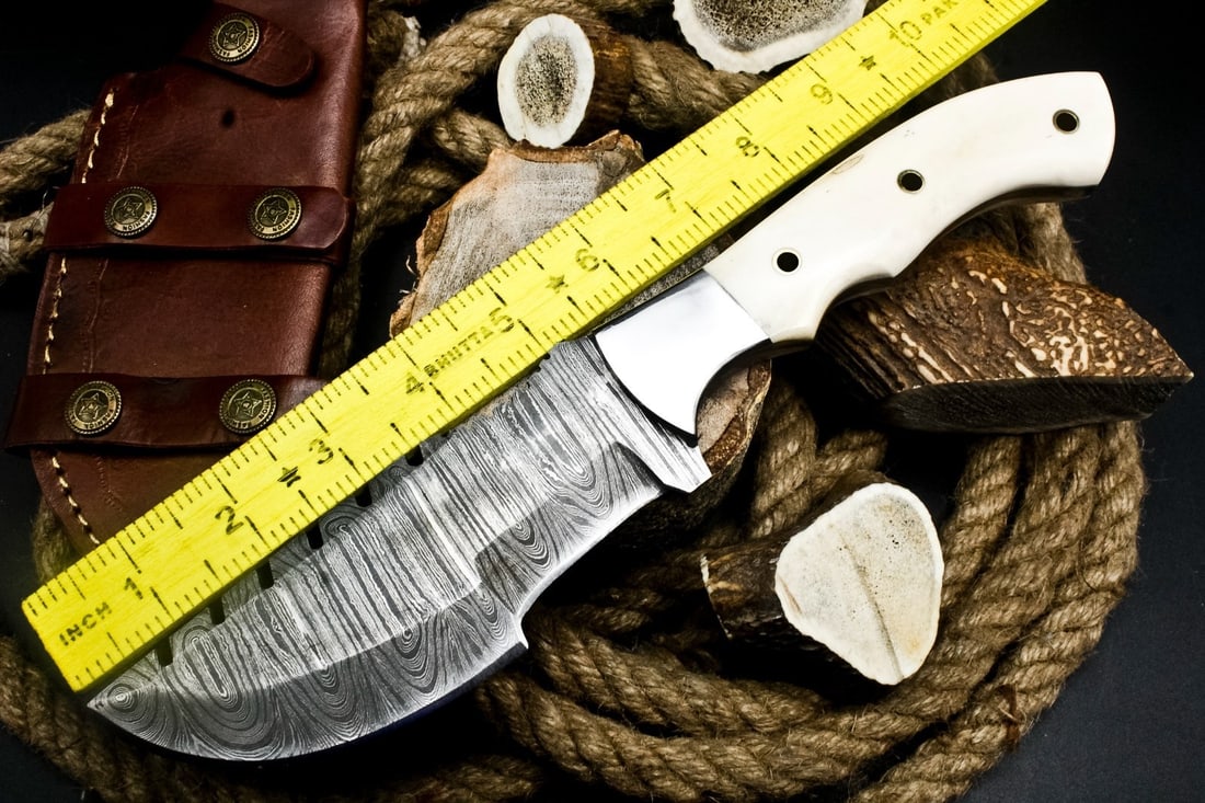 Camel Bone Handle Damascus Blade Tracker Knife - 9