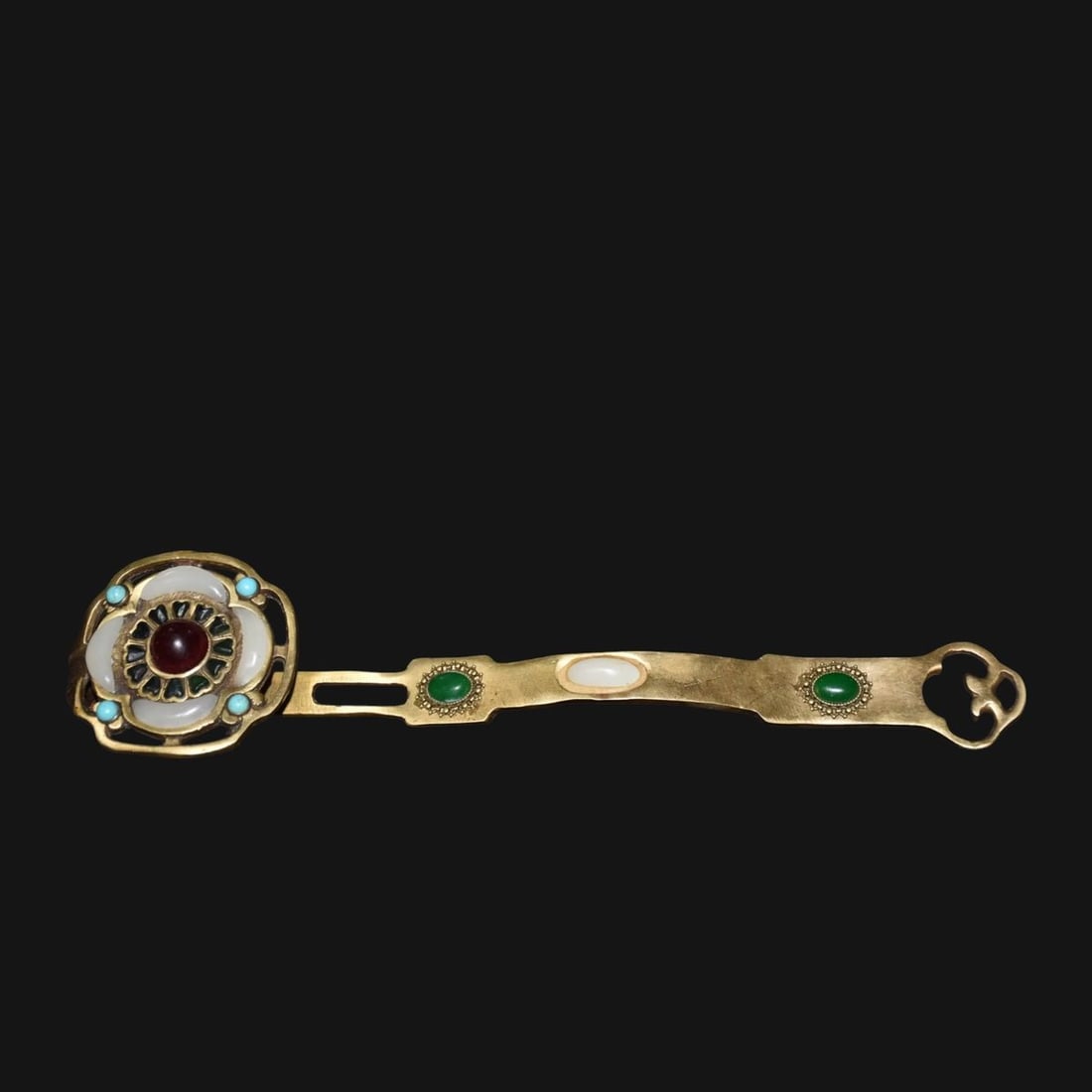 Tibetan Copper Mosaic Gem Jade Lotus Ruyi Scepter (1 of 4)
